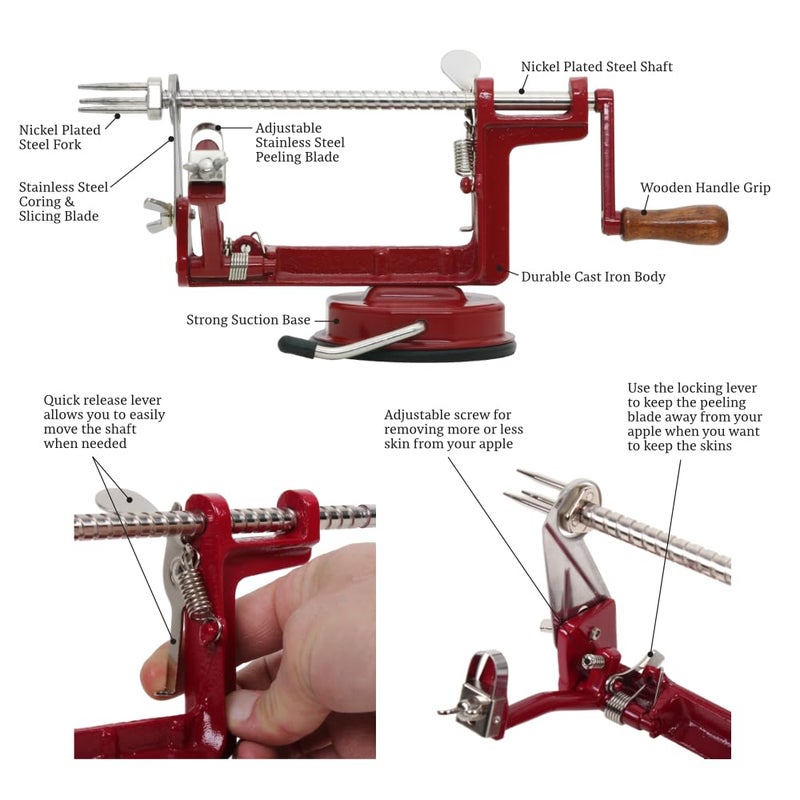 Johnny Apple Peeler جوني آبل بيلر، كورر، سلايسر، ميكر باي، شفرات من الفولاذ المقاوم للصدأ، ريد VKP1010 - Image 5